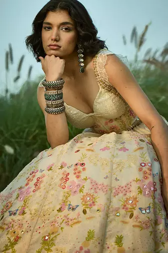 Off White Embroidered Tissue Lehenga Set