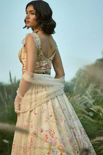 Off White Embroidered Tissue Lehenga Set