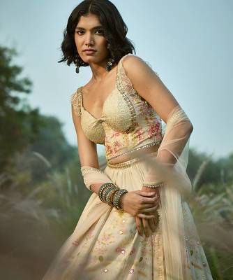 Off White Embroidered Tissue Lehenga Set 4