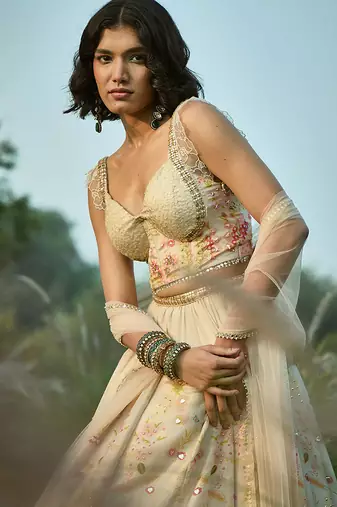 Off White Embroidered Tissue Lehenga Set
