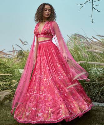 Pink Floral Printed Chiffon Lehenga Set 1