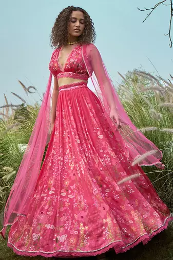 Pink Floral Printed Chiffon Lehenga Set