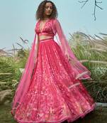 Pink Floral Printed Chiffon Lehenga Set