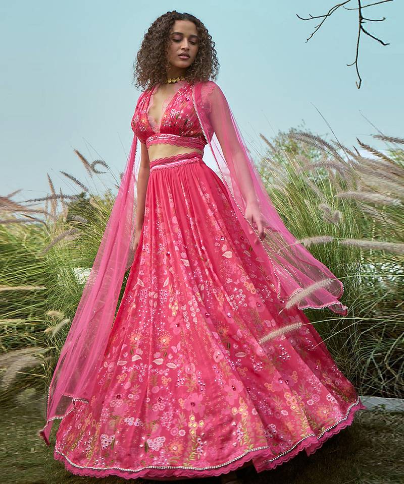 Pink Floral Printed Chiffon Lehenga Set
