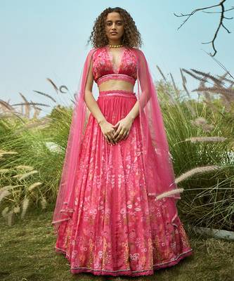 Pink Floral Printed Chiffon Lehenga Set 2