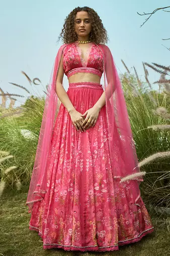 Pink Floral Printed Chiffon Lehenga Set
