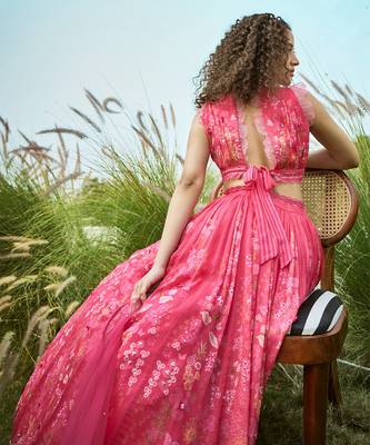 Pink Floral Printed Chiffon Lehenga Set 3