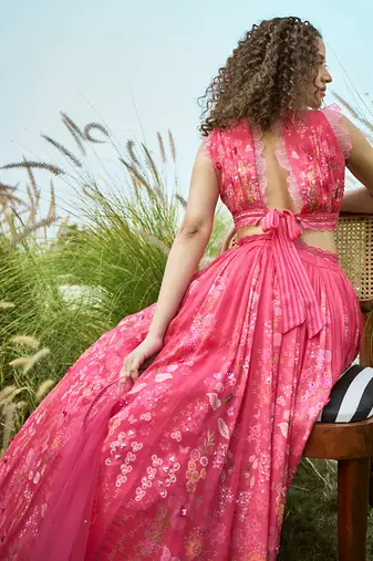 Pink Floral Printed Chiffon Lehenga Set
