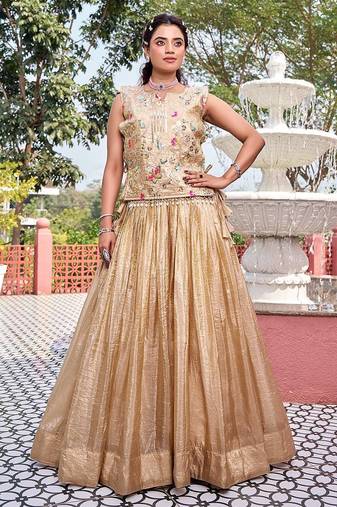 Cream Color Embroidery   Sequence with Thared Work Silk Lahenga Choli Set