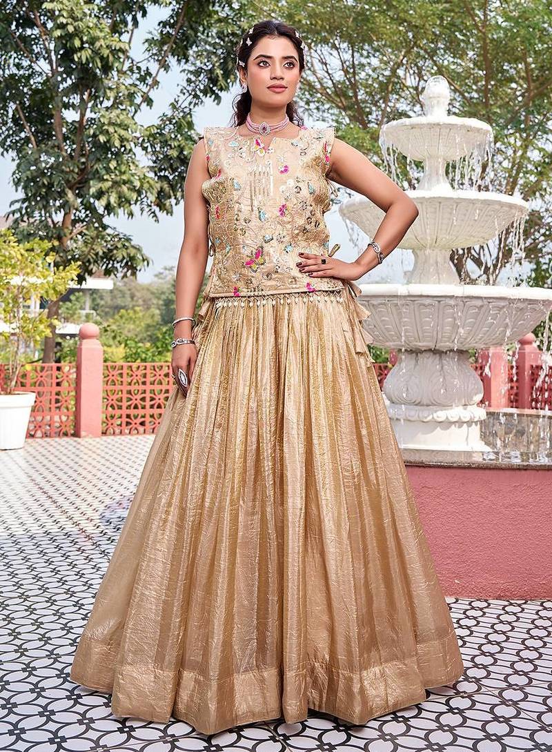 Cream Color Embroidery   Sequence with Thared Work Silk Lahenga Choli Set