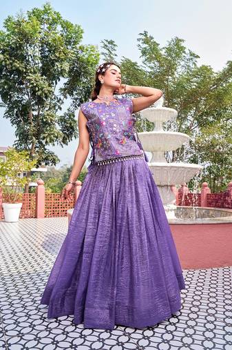 Purple Color Embroidery   Sequence with Thared Work Silk Lahenga Choli Set