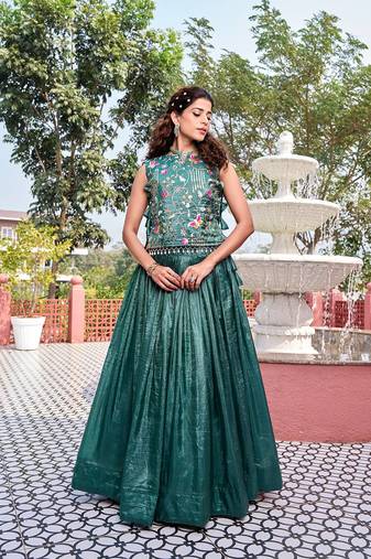 Teal Color Embroidery   Sequence with Thared Work Silk Lahenga Choli Set