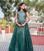 Teal Color Embroidery   Sequence with Thared Work Silk Lahenga Choli Set