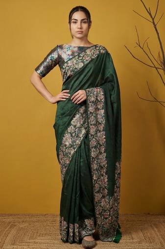 Dark green digital print floral work silk blend fabric traditional elegant style printed saree with blouse piece