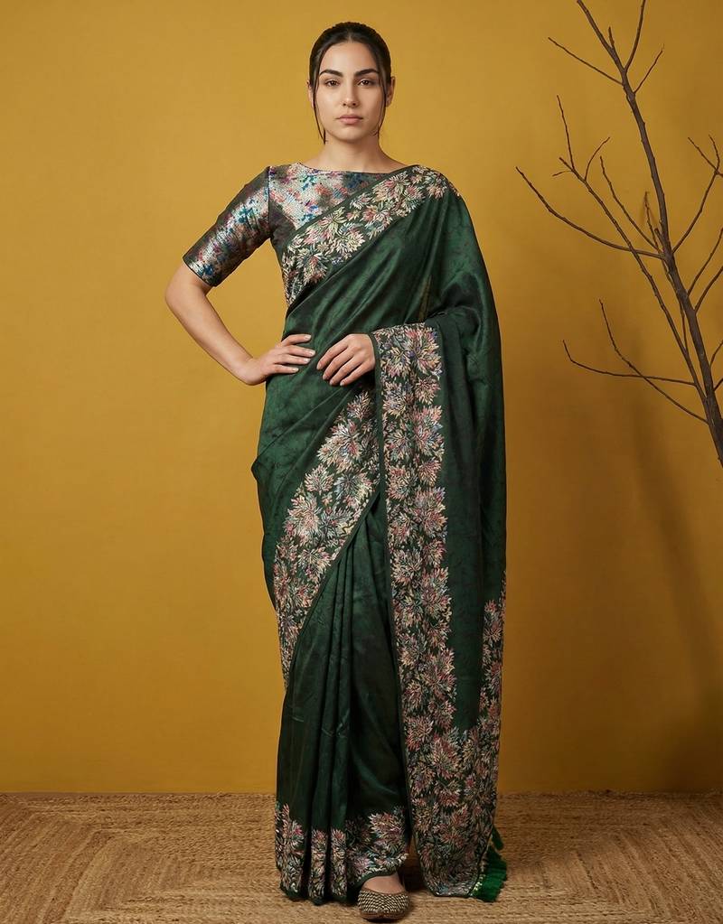 Dark green digital print floral work silk blend   traditional elegant style printed saree with blouse piece
