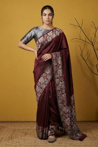 Maroon digital print floral work silk blend fabric traditional elegant style printed saree with blouse piece