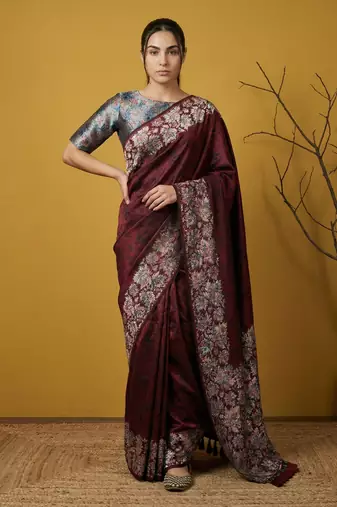 Maroon digital print floral work silk blend   traditional elegant style printed saree with blouse piece