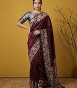 Maroon digital print floral work silk blend   traditional elegant style printed saree with blouse piece