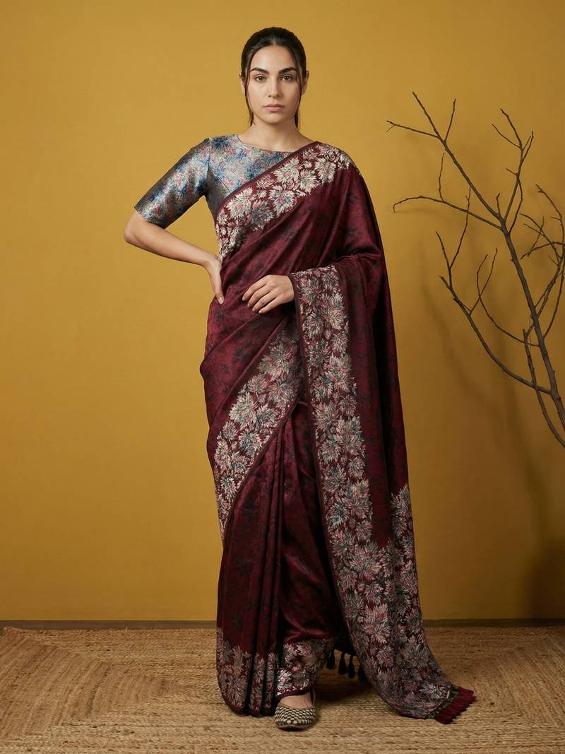 Maroon digital print floral work silk blend   traditional elegant style printed saree with blouse piece