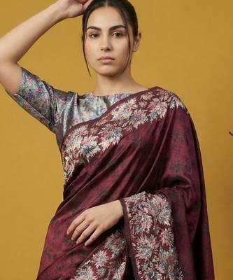 Maroon digital print floral work silk blend   traditional elegant style printed saree with blouse piece 5