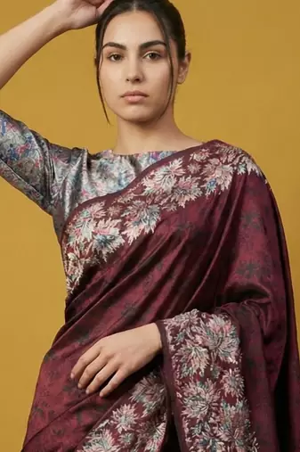 Maroon digital print floral work silk blend   traditional elegant style printed saree with blouse piece