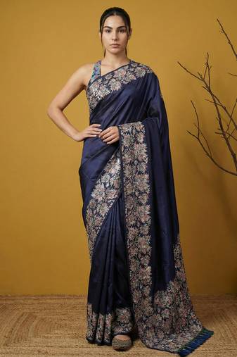 Navy blue digital print floral work silk blend   traditional elegant style printed saree with blouse piece
