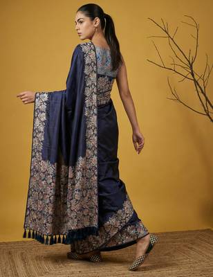 Navy blue digital print floral work silk blend   traditional elegant style printed saree with blouse piece 2