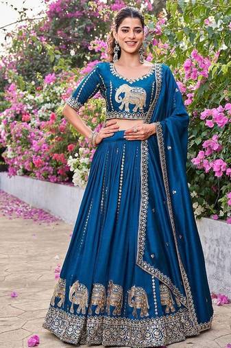 Peacock Blue Color Embroidery Sequence Work with thred work silk Lahenga Choli Set