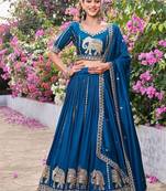 Peacock Blue Color Embroidery Sequence Work with thred work silk Lahenga Choli Set