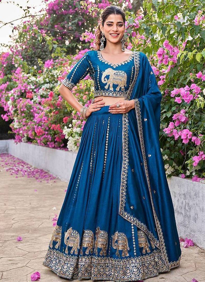 Peacock Blue Color Embroidery Sequence Work with thred work silk Lahenga Choli Set