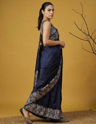 Navy blue digital print floral work silk blend   traditional elegant style printed saree with blouse piece 3