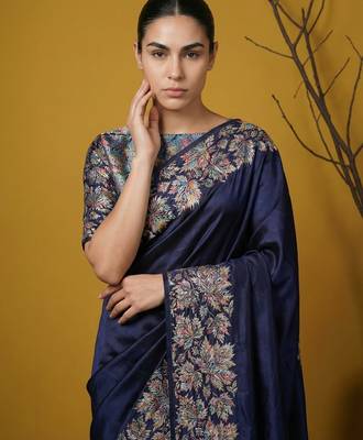 Navy blue digital print floral work silk blend   traditional elegant style printed saree with blouse piece 5