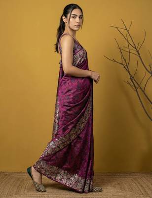 Pink digital print floral work silk blend   traditional elegant style printed saree with blouse piece 3