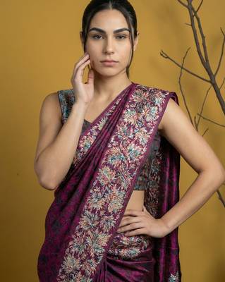 Pink digital print floral work silk blend   traditional elegant style printed saree with blouse piece 5