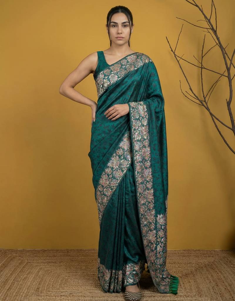 Teal digital print floral work silk blend   traditional elegant style printed saree with blouse piece