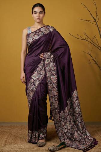 Wine digital print floral work silk blend   traditional elegant style printed saree with blouse piece