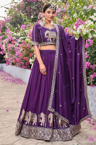 Purple Color Embroidery Sequence Work with thred work silk Lahenga Choli Set