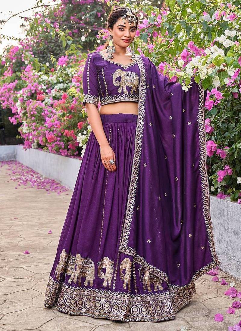 Purple Color Embroidery Sequence Work with thred work silk Lahenga Choli Set