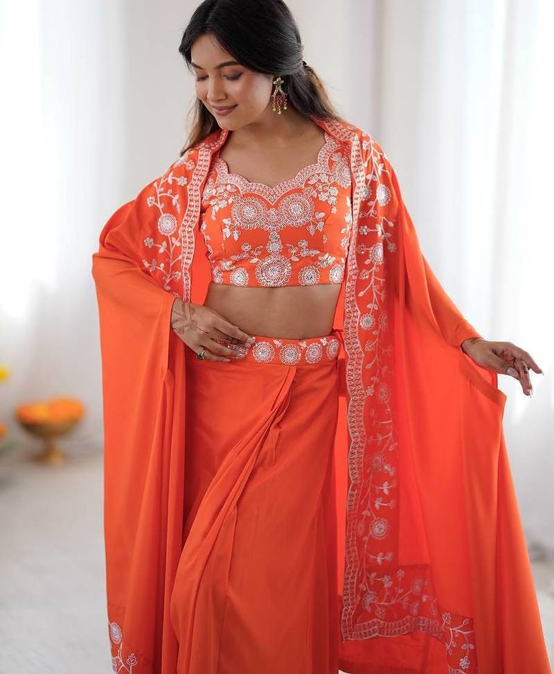 Orange Color Thread With Sequence Work French Crepe Top Bottom Set