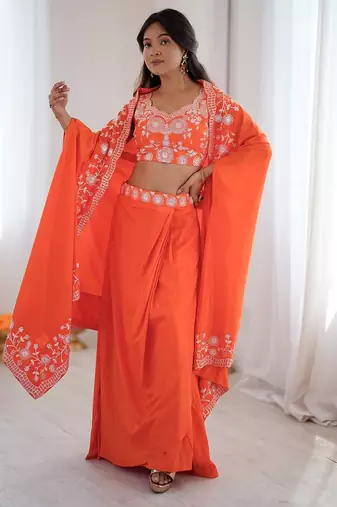 Orange Color Thread With Sequence Work French Crepe Top Bottom Set