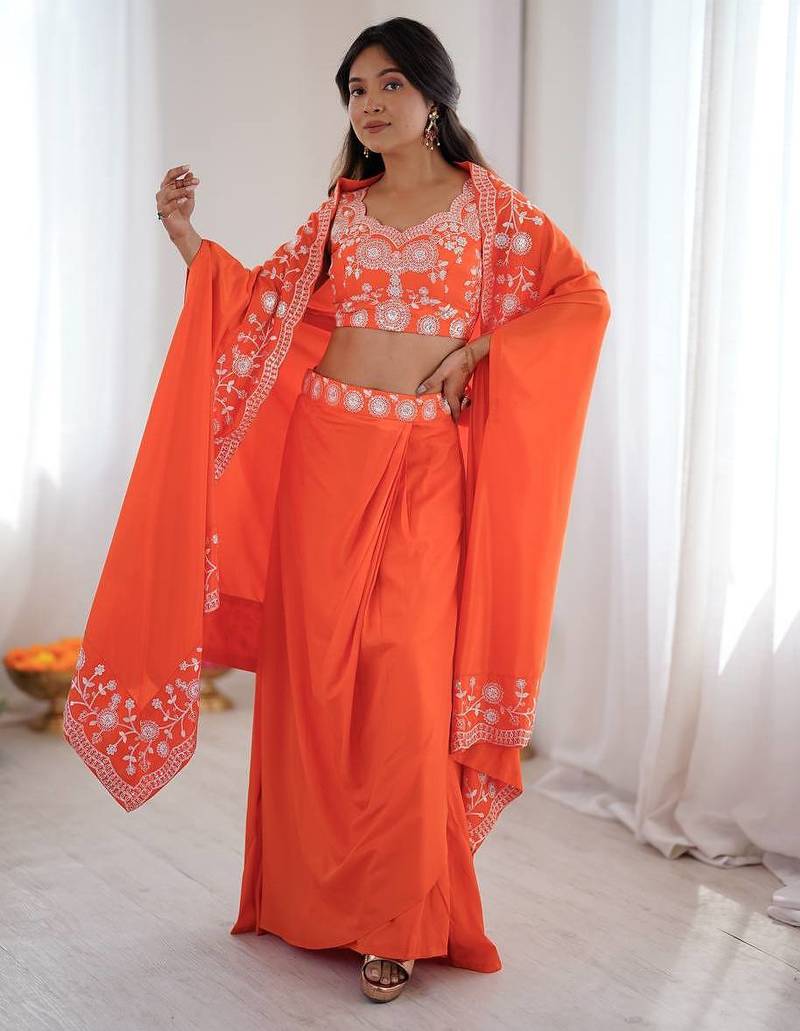 Orange Color Thread With Sequence Work French Crepe Top Bottom Set
