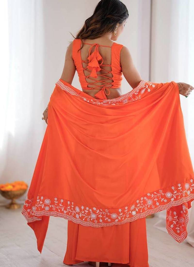 Orange Color Thread With Sequence Work French Crepe Top Bottom Set