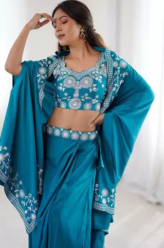 Teal Color Thread With Sequence Work French Crepe Top Bottom Set
