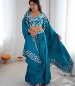 Teal Color Thread With Sequence Work French Crepe Top Bottom Set