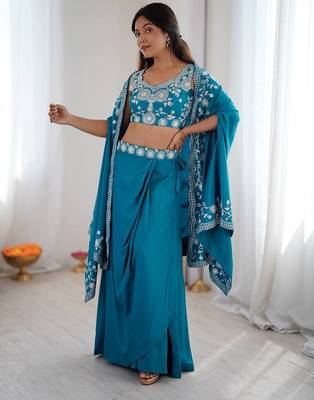 Teal Color Thread With Sequence Work French Crepe Top Bottom Set 3