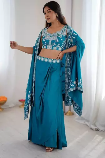 Teal Color Thread With Sequence Work French Crepe Top Bottom Set