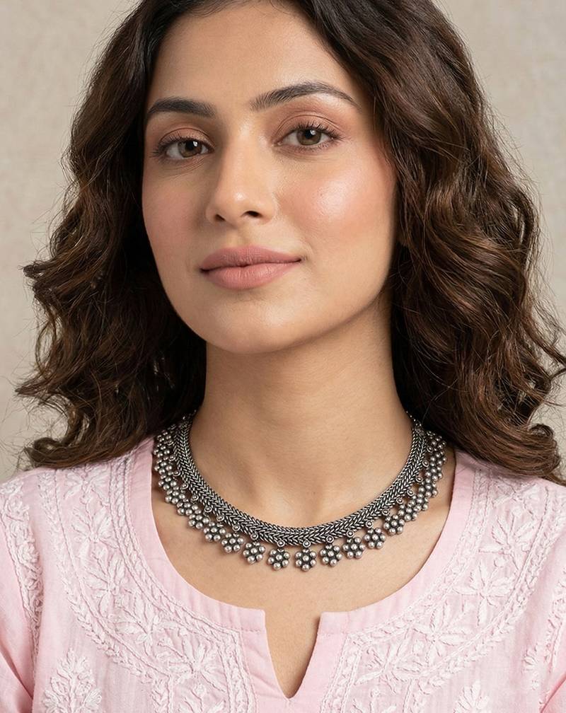  women oxidised silver beaded necklace