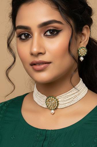  women gold plated white kundan jewellery set