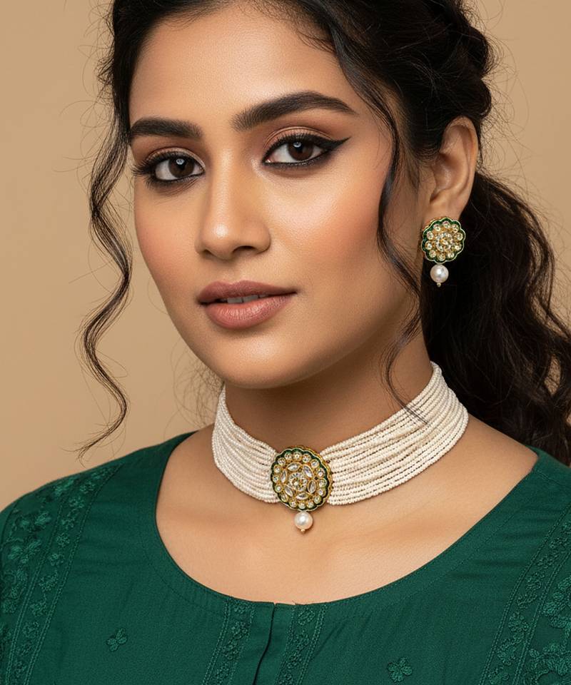  women gold plated white kundan jewellery set