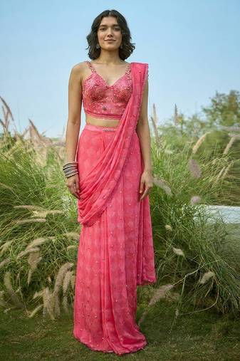 Pink Embroidered Chiffon Saree